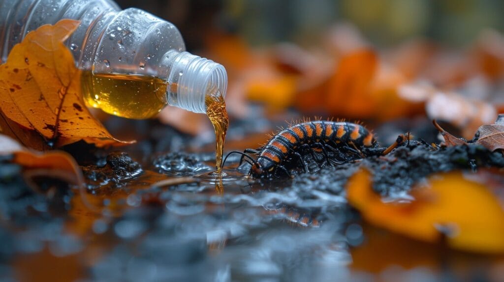 Distressed centipede surrounded by neem oil droplets.