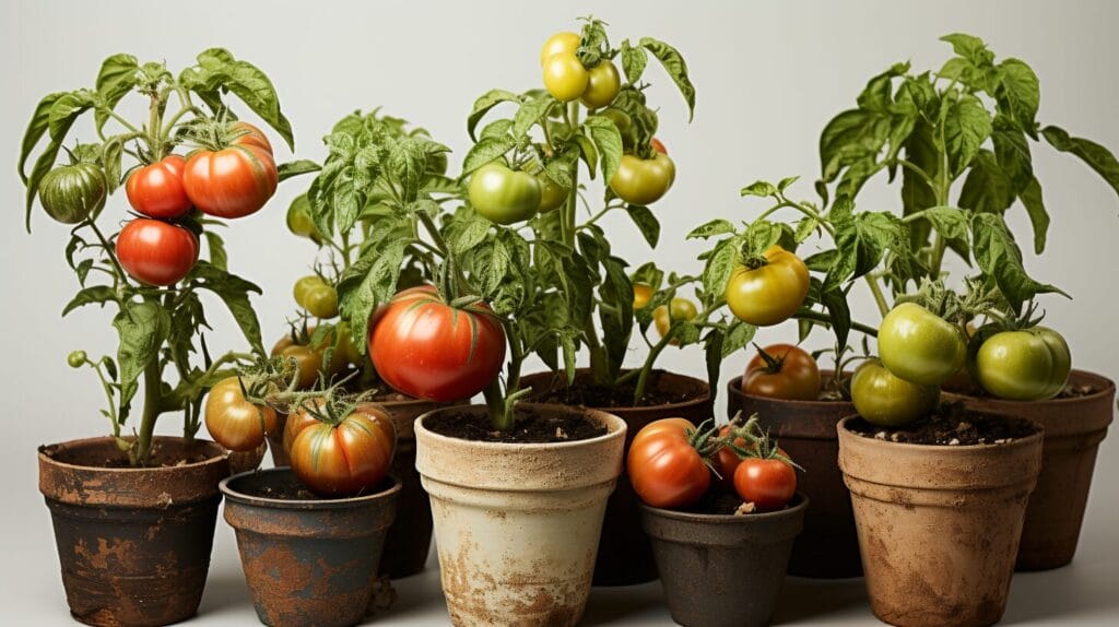Diverse wilted tomatoes in pots with root rot