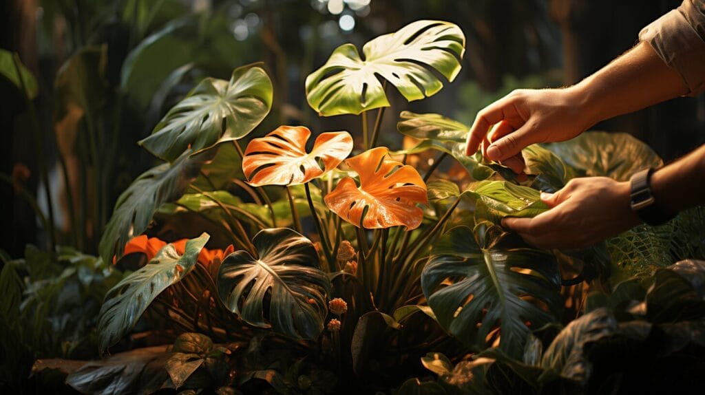 Dusting a Monstera leaf with indoor plants in sunlight.