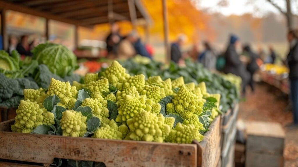 Farmers market scene with crate of freshly harvested Romanesco in the foreground.