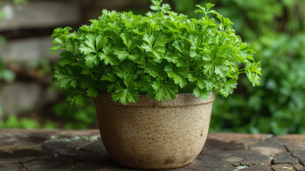 Flourishing parsley plant in a clearly sized container.
