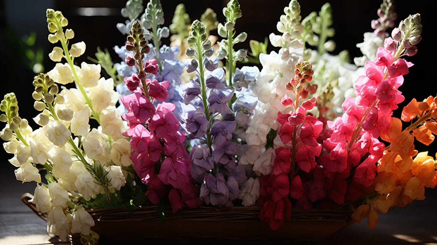 Flourishing snapdragon garden, diverse colors, growth stages, cut stems, bright sun.