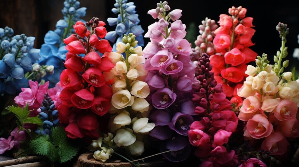 Flourishing snapdragons, stages of bloom, seasonal backdrop, colorful blossoms, well-tended garden.