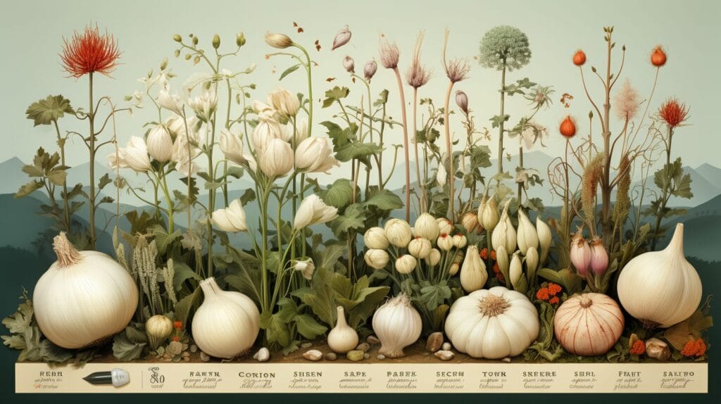 Garden calendar, Zone 7 map, seasonal icons, gardener with garlic plants.
When to plant garlic zone 7.