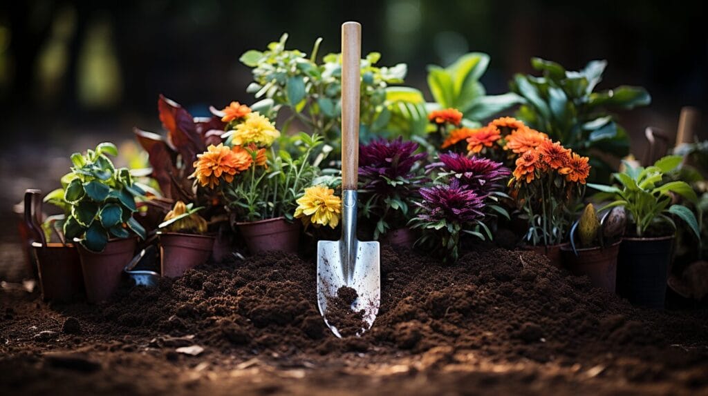 Garden tools beside a well-mulched flowerbed with weeds being removed, showcasing pristine soil and healthy plants. Do weeds grow through mulch?