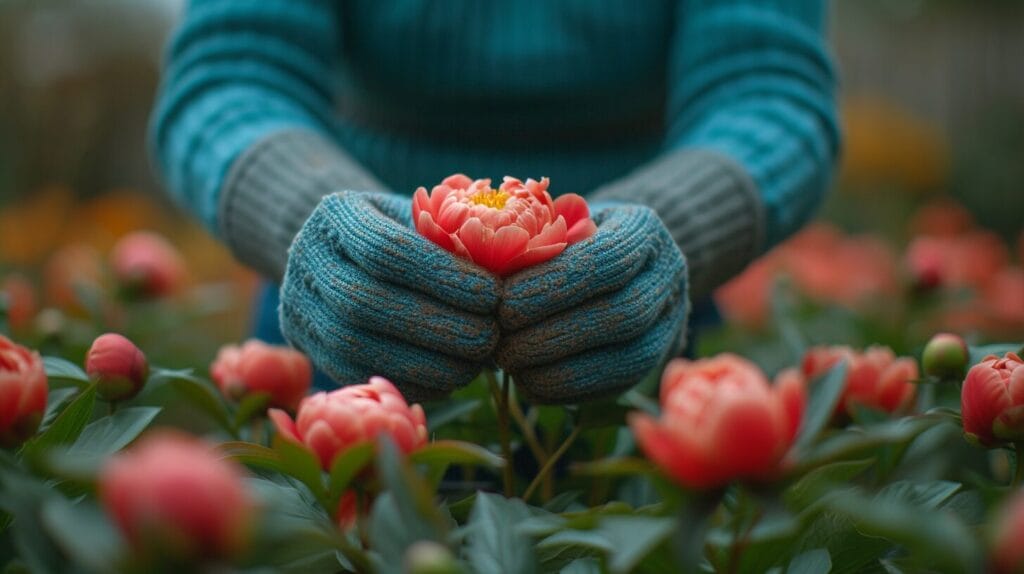 Gardener with gloves removing spent blooms from a peony plant, preparing it for next year's growth. First peony growth cycle.