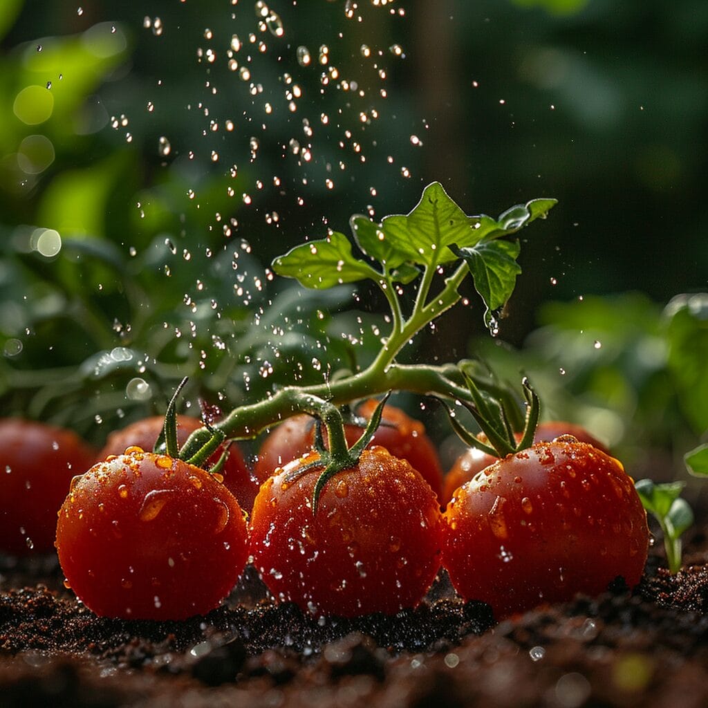 Hands adding calcium fertilizer to healthy tomato plants.
