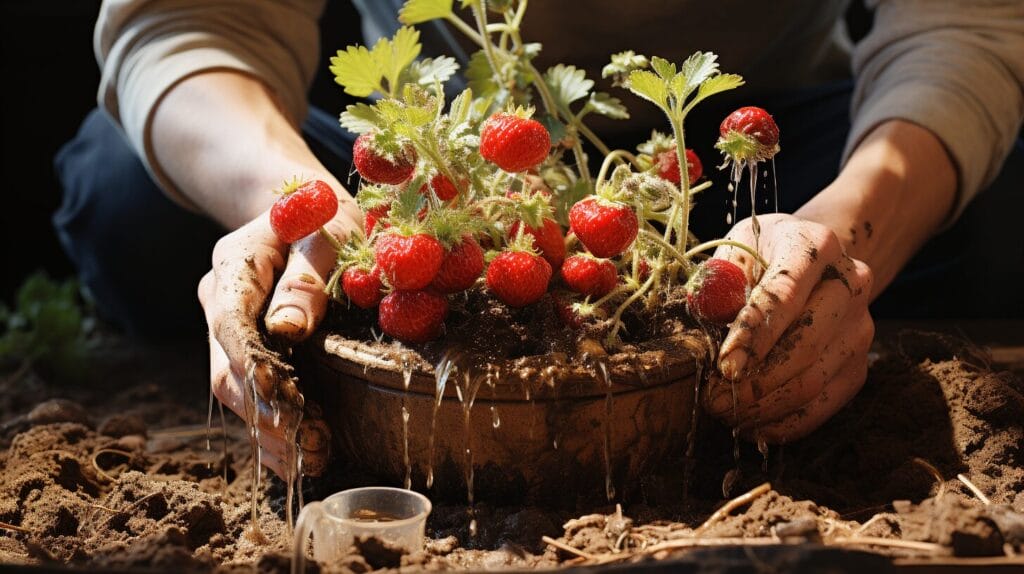 Gardener's hands planting strawberries with staggered garden stages.