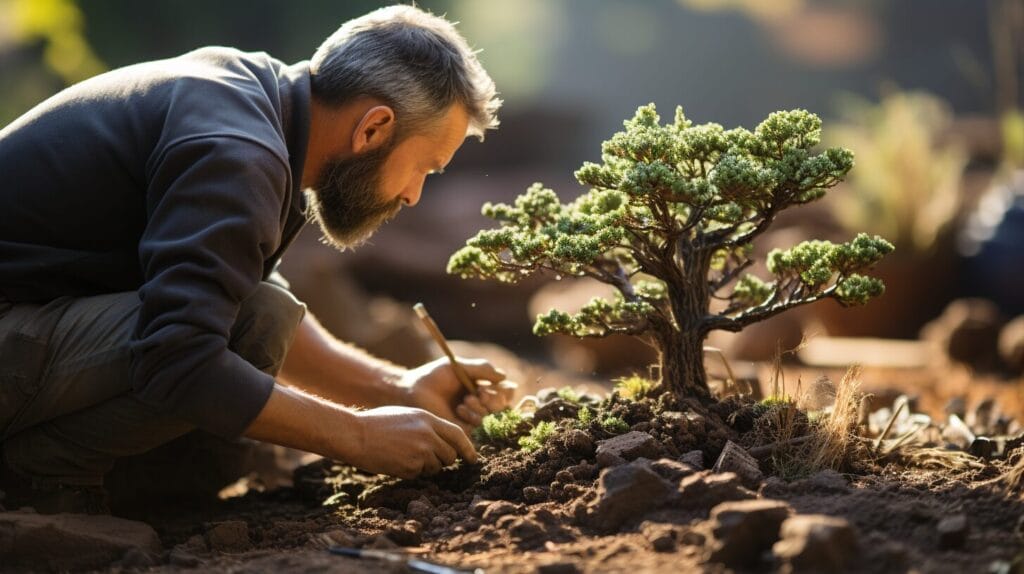 Gardeners planting juniper cuttings in soil.
