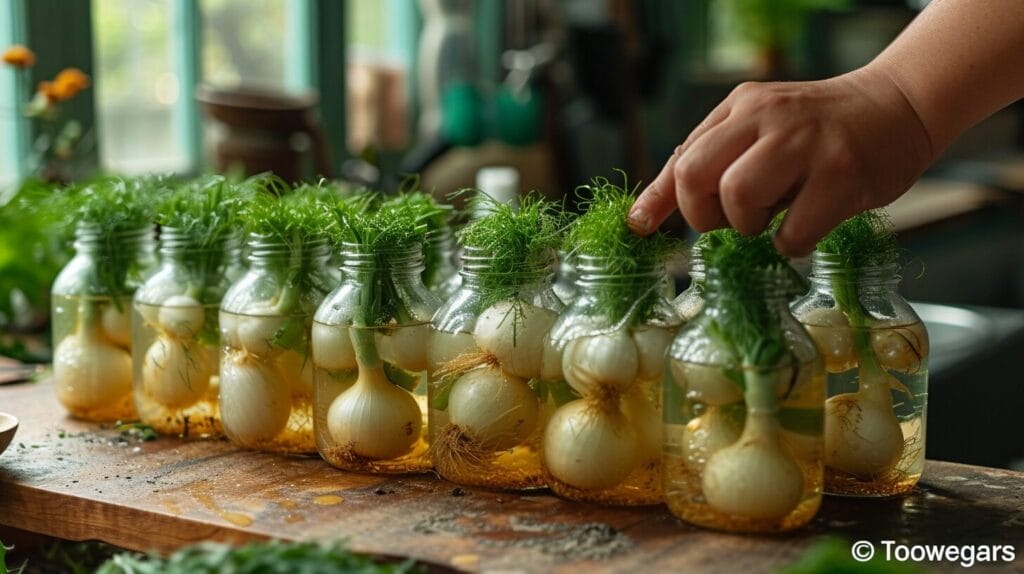 Cut open water bottle containing onion bulbs with roots in water, near a sunny window. growing onions in water bottles