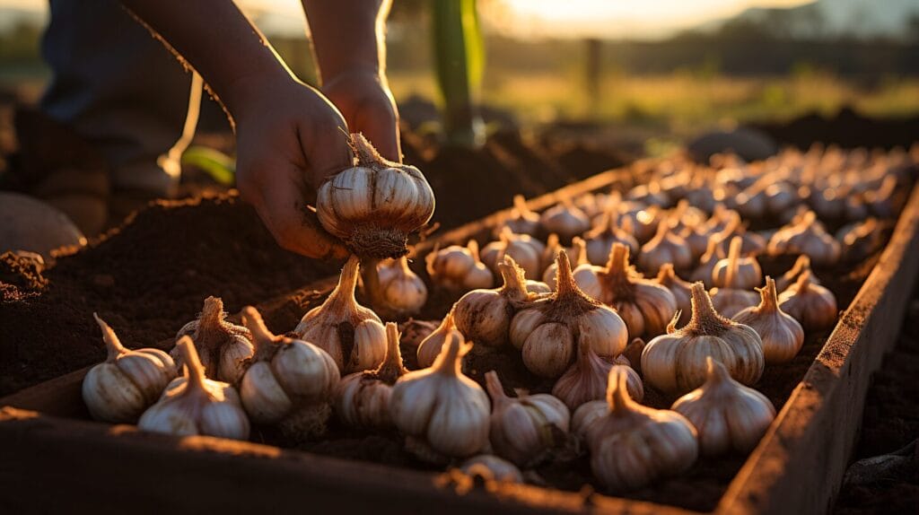 Hands harvesting garlic from soil with garden basket in Zone 7.
