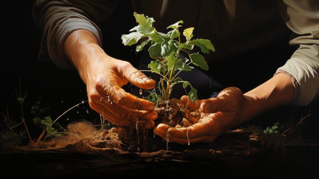 Hands loosening root ball, healthy plants backdrop. Break up roots when planting. 
