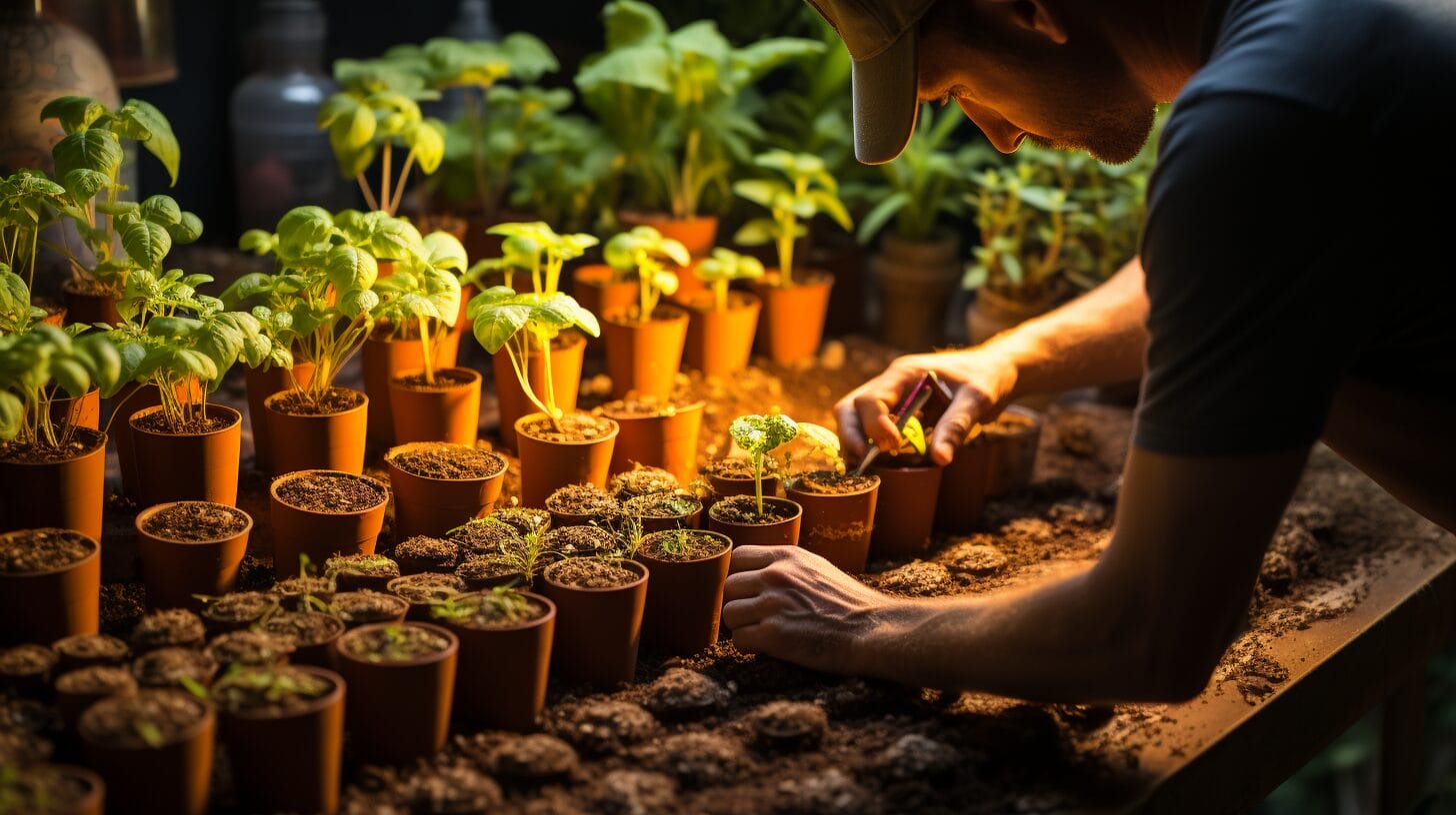 Hands planting seeds in trays with Zone 5 vegetables, gardening tools, a spring calendar, and a thriving garden backdrop with early sprouts.