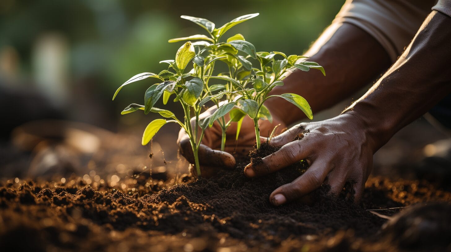 Hands separating root ball, green leaves, fertile soil.