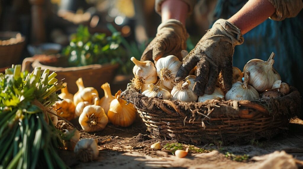 Harvesting ripe garlic in Florida garden. Planting garlic in Florida.
