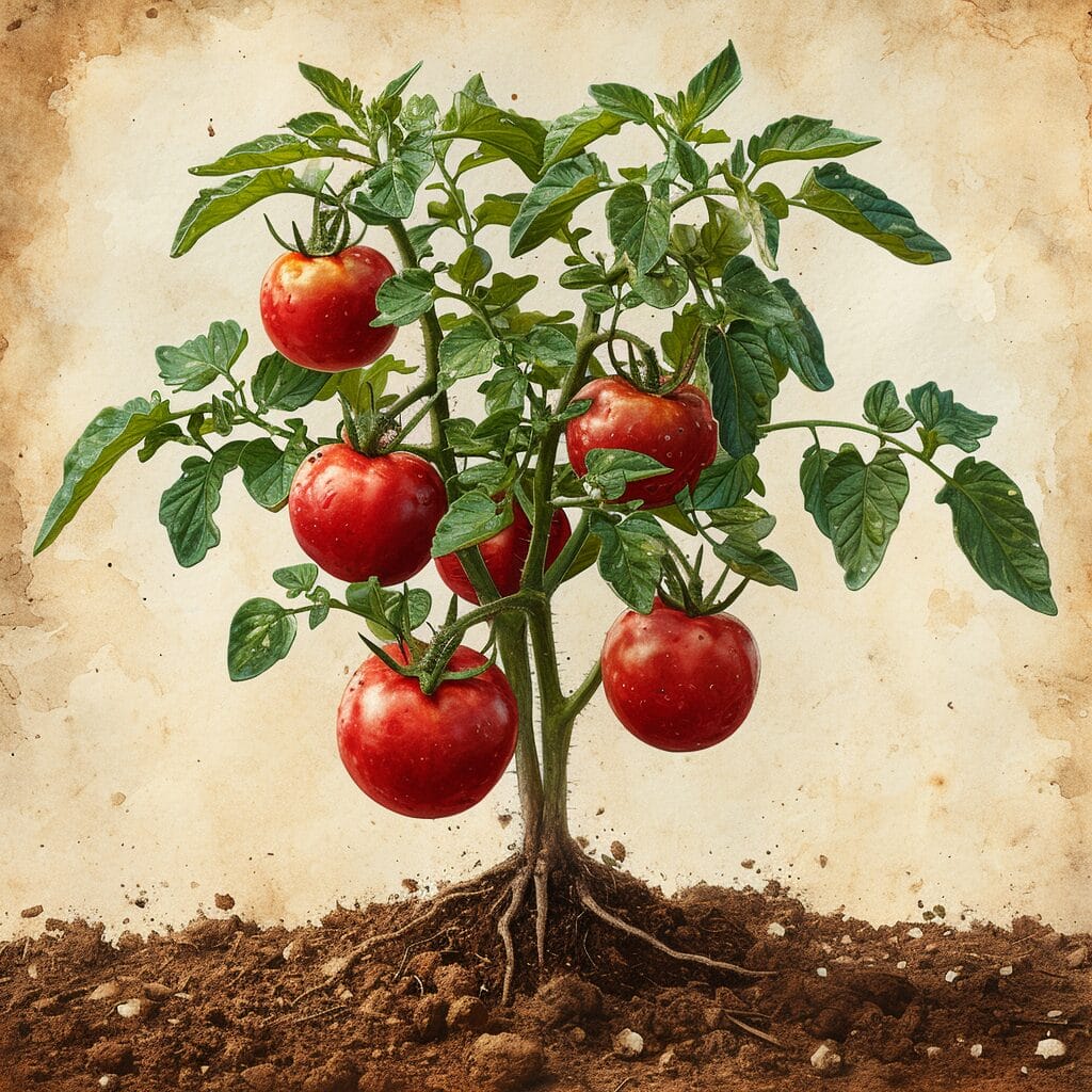 Healthy tomato plant with red tomatoes and eggshells.