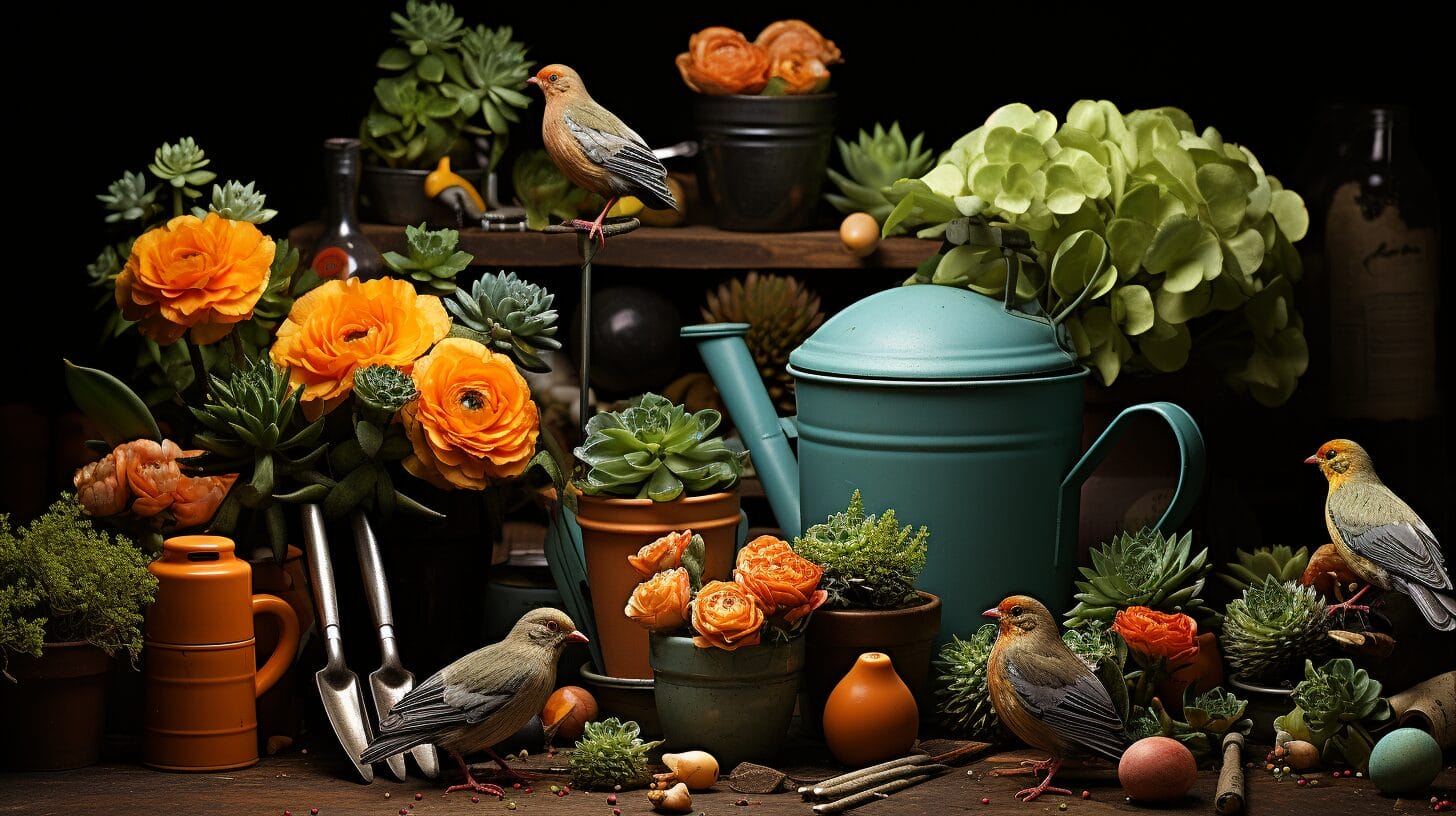 Hen and chick plants in pot with gardening accessories.