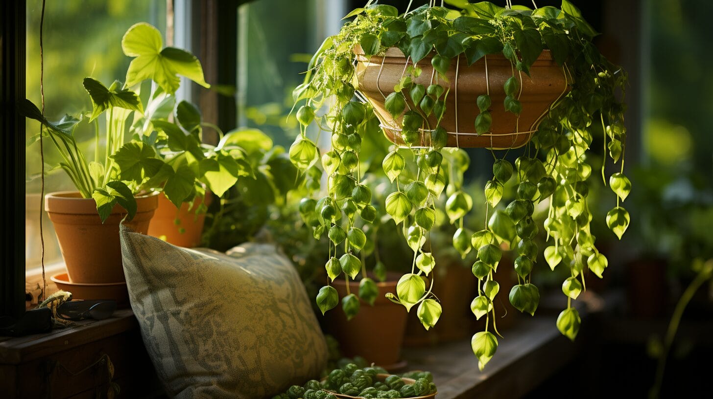 Indoor vine plants in hanging pots.