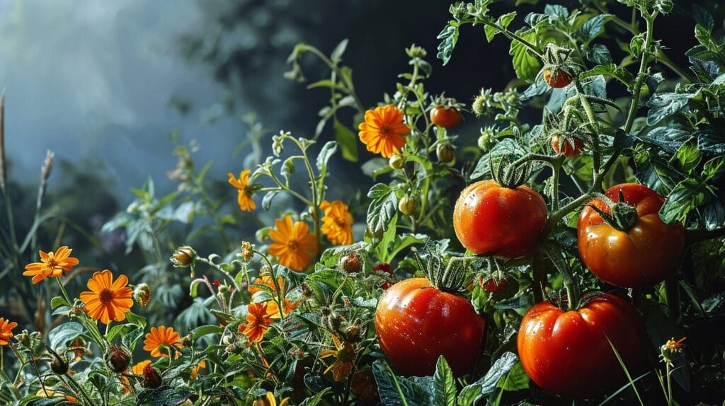 Intertwined tomato and cucumber plants with ripe fruits and blossoms, companion flowers, beneficial insects in a sunlit garden.