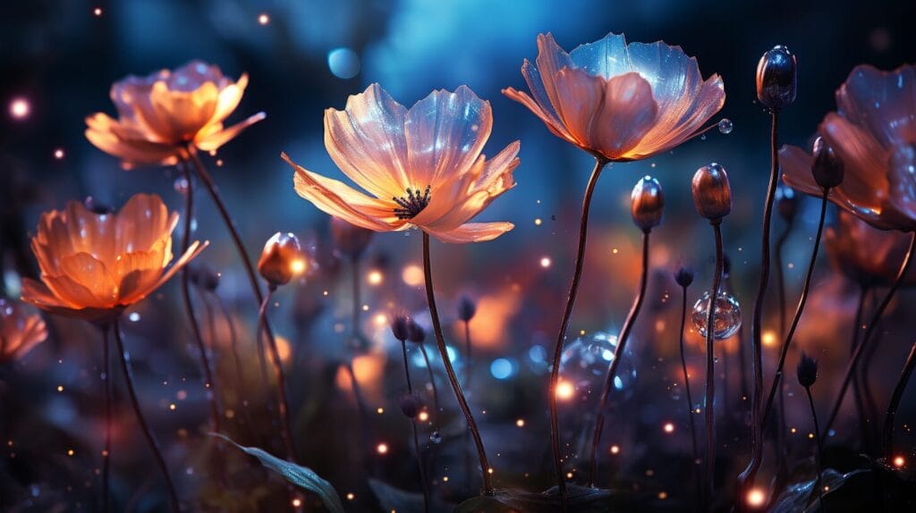 Translucent cosmos flower, starry sky, ethereal butterflies.