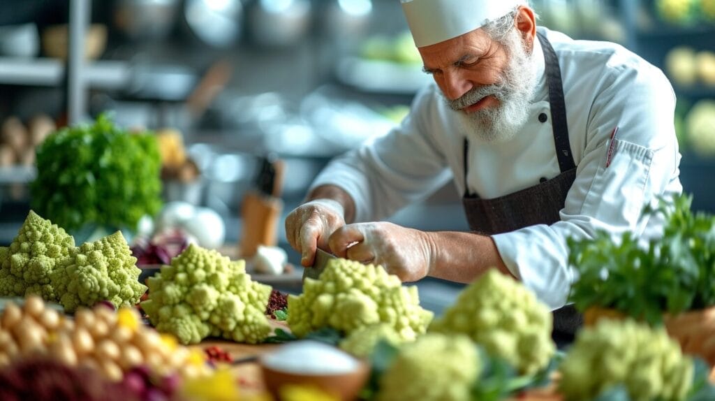 When Is Romanesco In Season Exploring The Harvest Time Of This Unique   Kitchen Scene With Chef Chopping Fresh Romanesco Surrounded By Colorful Ingredients And Cooking Utensils 1024x574 