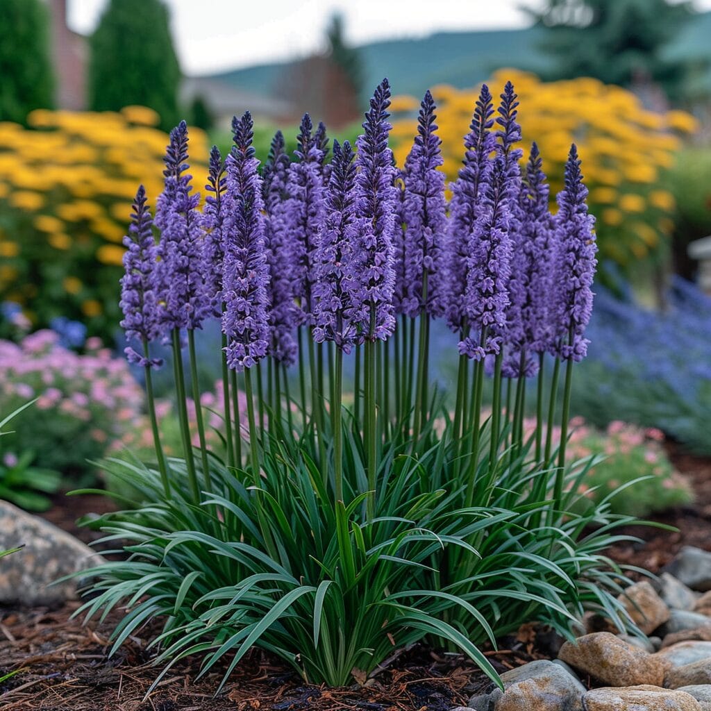 Liriope muscari in a garden bed with mixed perennials.