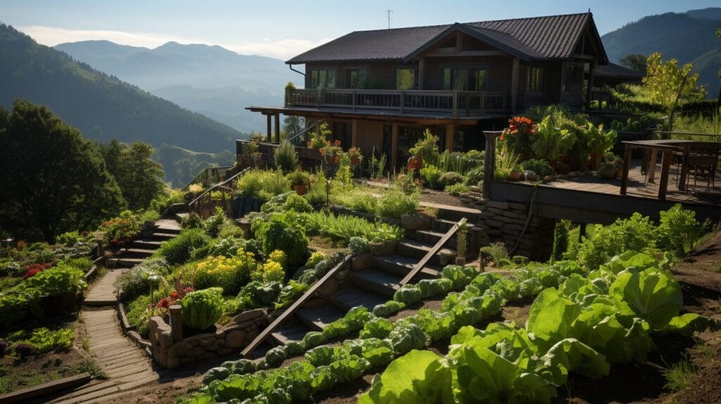 Terraced garden beds, diverse vegetables, integrated watering system, tools. A perfect example of a hillside raised garden beds. 