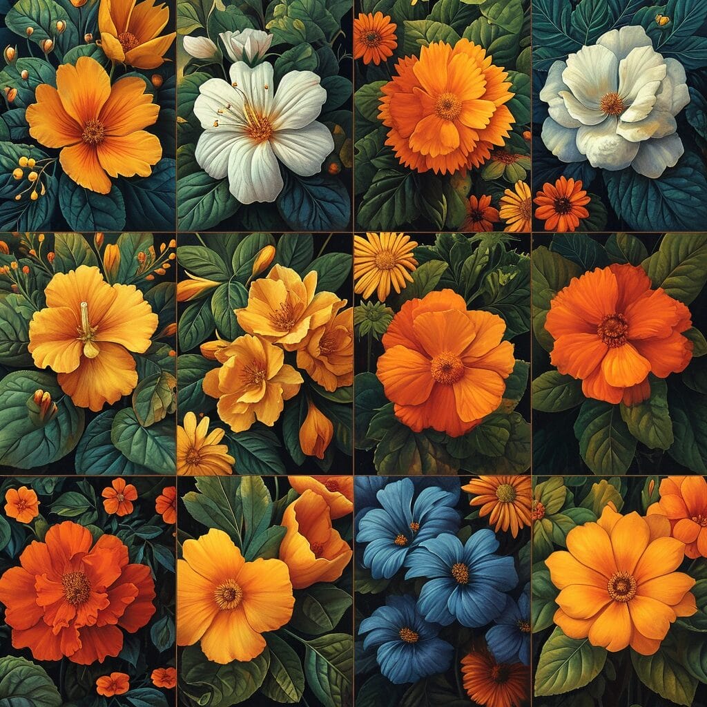 M flower names collage with varied petals and colors.