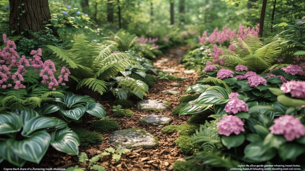 Enchanting Zone 6 shade garden with lush ferns, towering hostas, and vibrant bleeding hearts.
