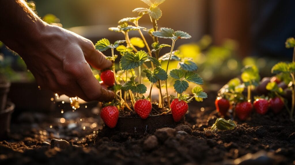 Mulching strawberry plants at sunrise with watering can in home garden.