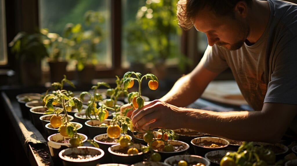 Overwatered tomato plants with gardener checking soil. Over watering tomato plants in pots can cause damages. 
