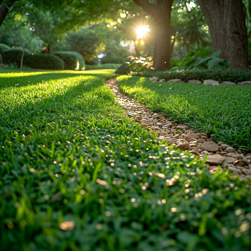 Patchy lawn with seeding and lush growth in sunlight