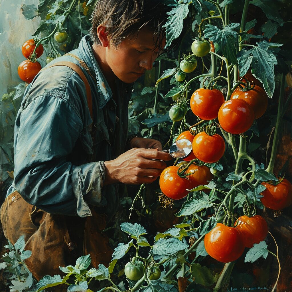 Person inspecting post-pollination tomato plants.