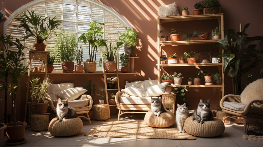 Pet-friendly houseplants like ZZ plants and cats under the sunlight.