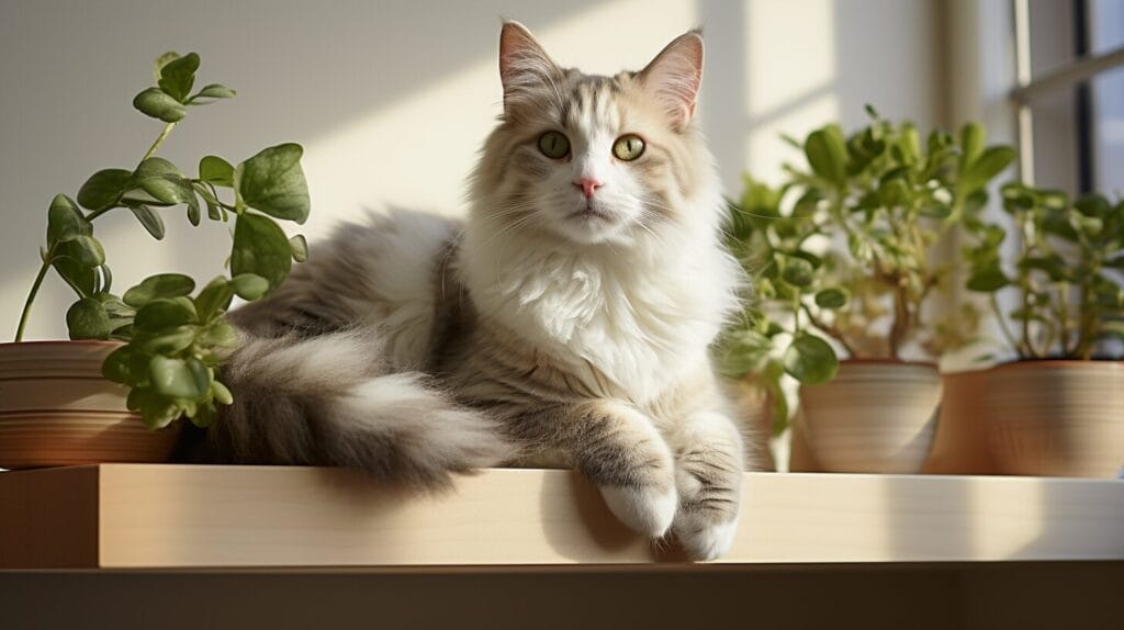 Pothos Plant Cats Navigating The Terrain Of Toxic Houseplants In 2024   Pothos On High Shelf With Curious Cat Below Cat Safe Living Room 1024x574 