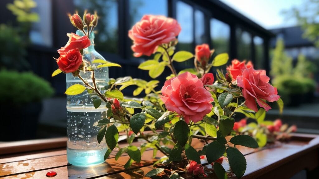 Rose bush health stages, vinegar bottle, aphids.