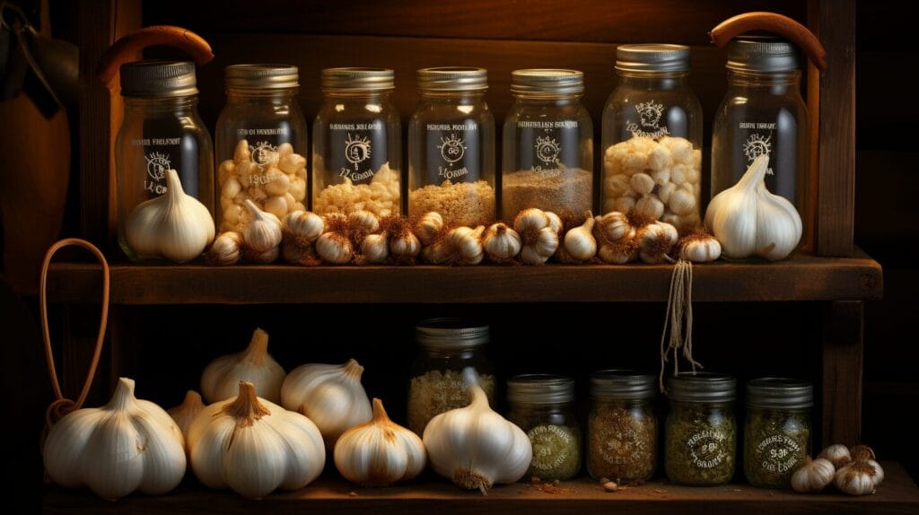 Rustic shelf with braided garlic, mesh bag, and hygrometer in cellar.