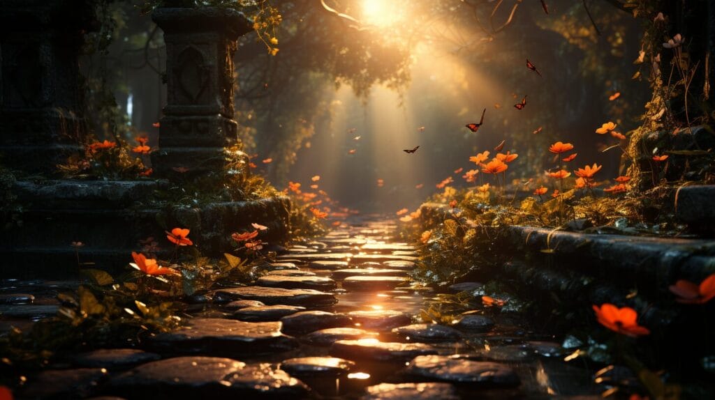 Serene garden path, wilted to healthy flowers, recovery steps, butterfly.