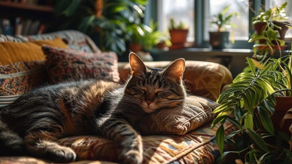 Sleeping cat surrounded by cat-friendly plants in a cozy room.
