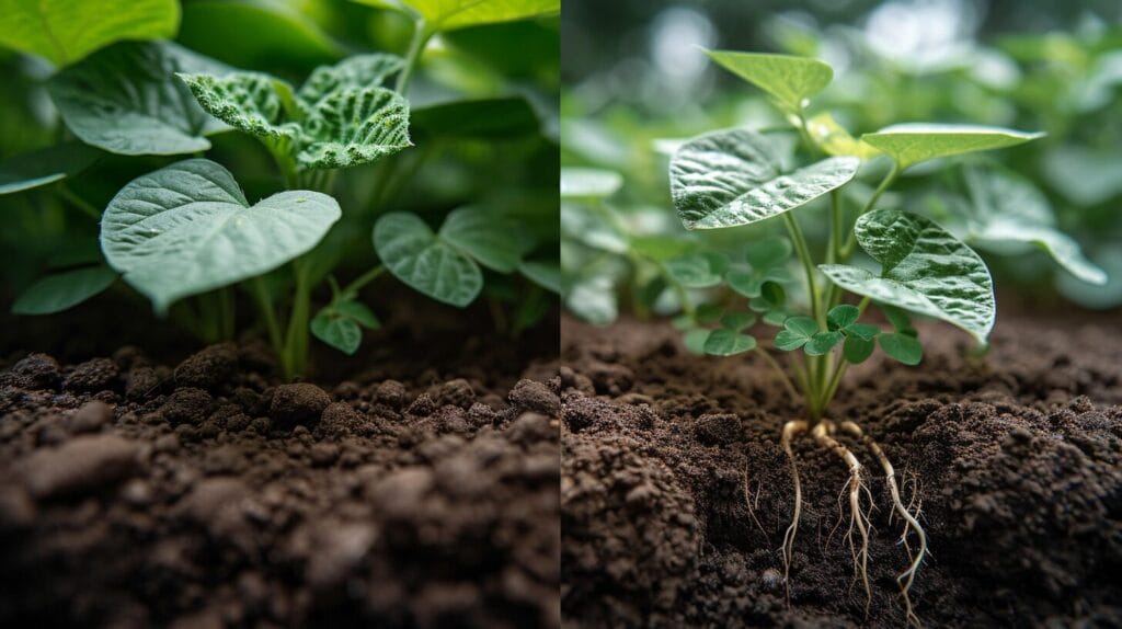 Split-screen underground contrast of bean plant taproot and grass plant fibrous roots.
