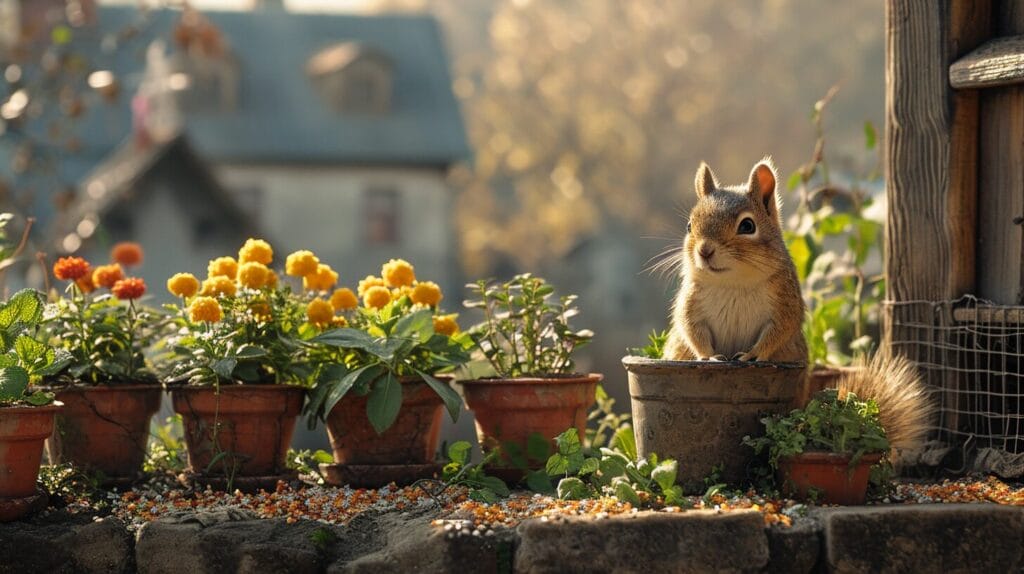 Squirrel recoiling next to flower pots with gravel and pepper.