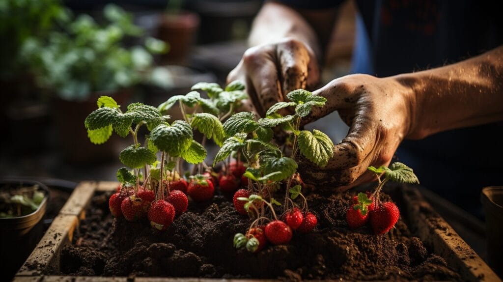 Step-by-step guide of planting strawberries with tools in a lush garden.