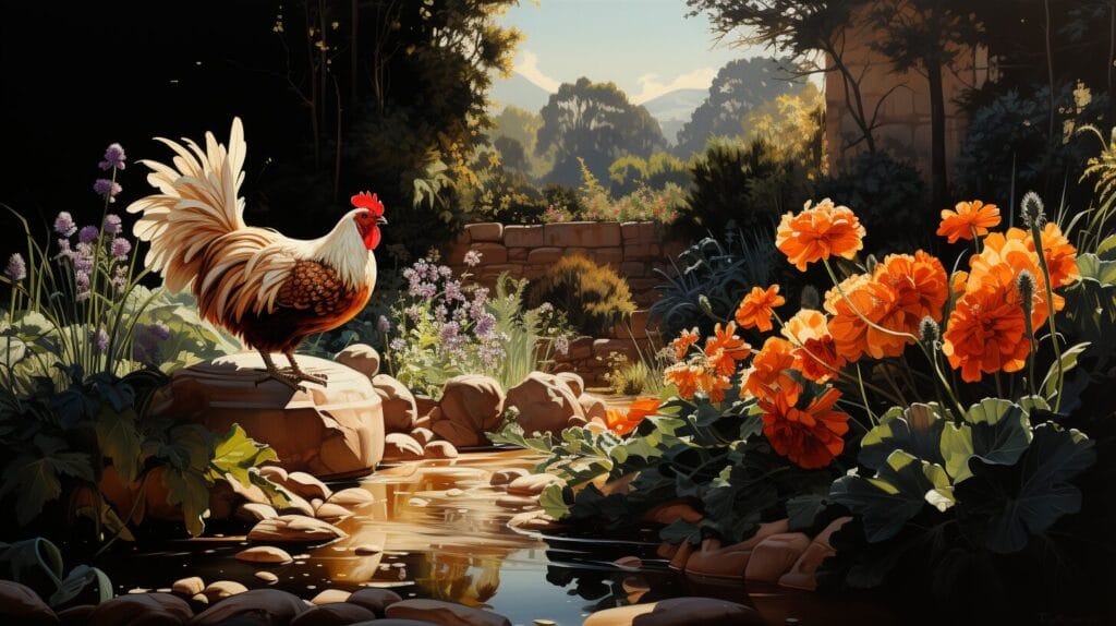 Sunlit hen and chicks in rocky soil with watering can.
