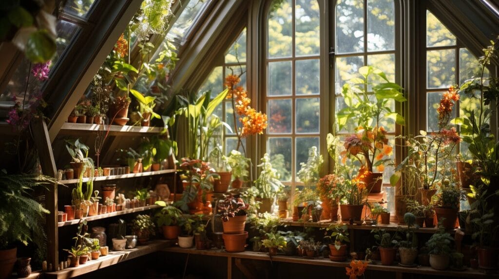 Sunlit room with plants, mirrors, and prisms. House plants direct sunlight. 