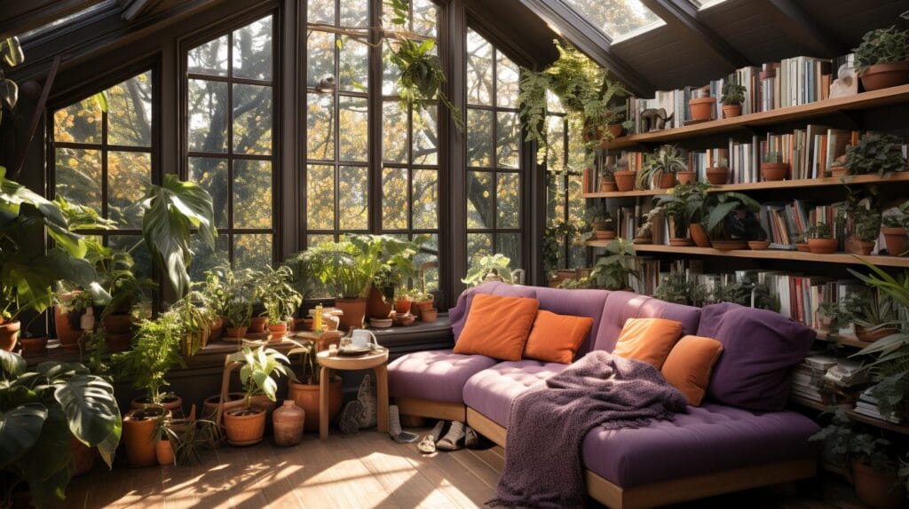 Sunlit room with purple-leaf plants in terracotta pots and a reading nook.