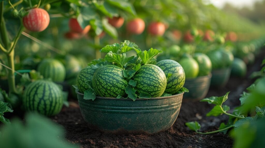Sunny backyard garden with watermelon vines in buckets.