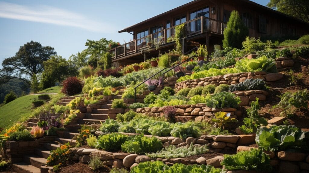 Lush terraced hillside with raised beds, vegetables, water system.