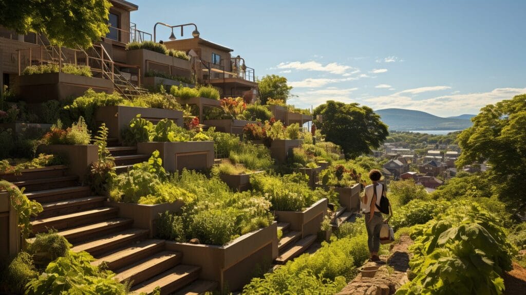 Terraced hillside with vibrant vegetables and advanced gardening techniques.