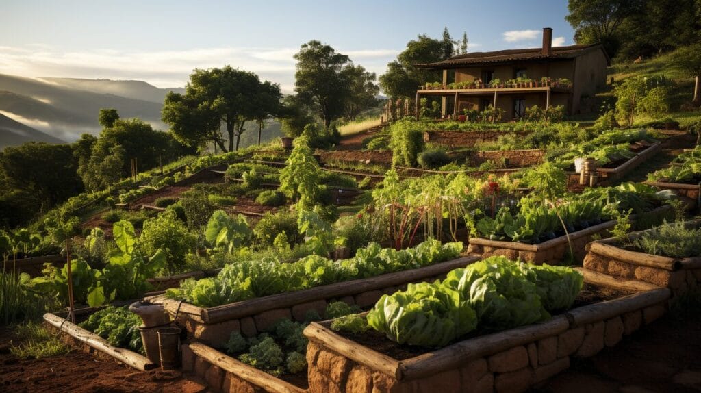 Terraced hillside with wooden beds, vegetables, gardener building.