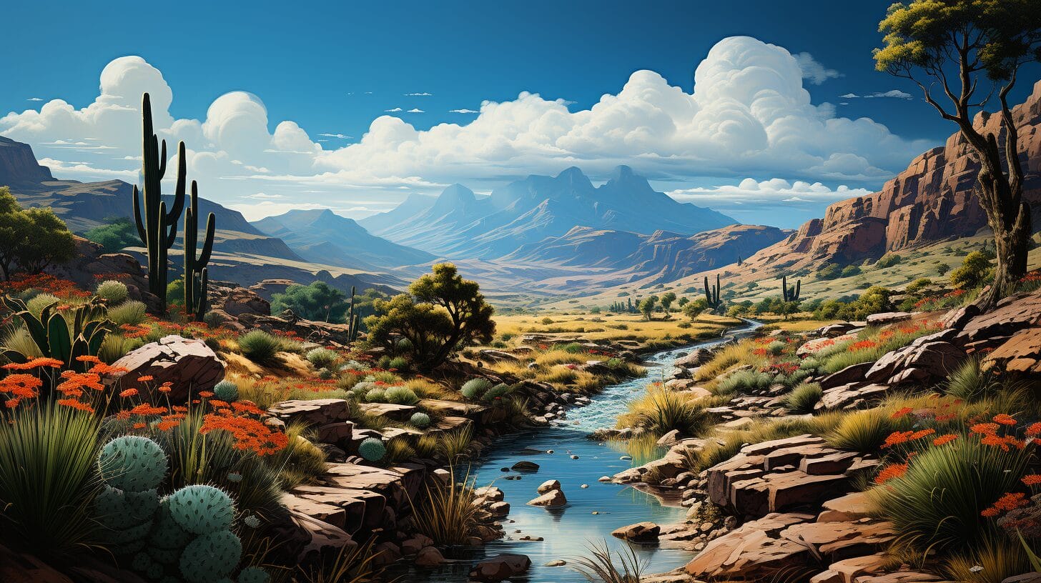 Texas landscape with cacti, shrubs, palm trees, and river.